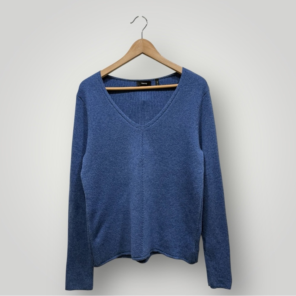 Theory 100% Cashmere V neck Sweater Sz L Blue
